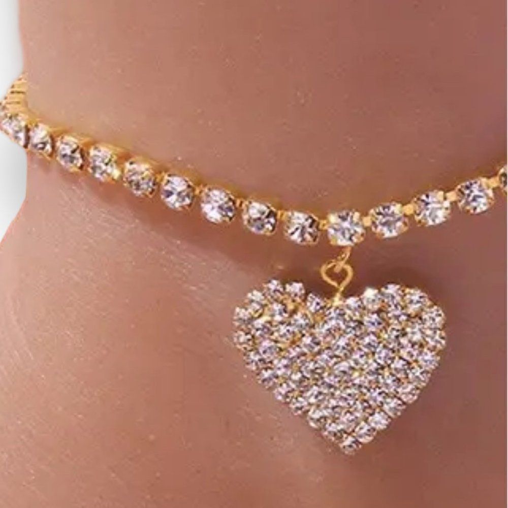 Gold Glittery Heart Tennis Bracelet Anklet - NEW